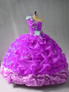 Smart One Shoulder Sleeveless Sweet 16 Dress Floor Length Pick Ups and Hand Made Flower Purple Organza