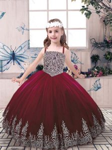 Burgundy Tulle Lace Up Straps Sleeveless Floor Length Little Girls Pageant Gowns Beading and Embroidery