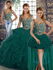 Floor Length Peacock Green Quinceanera Dress Tulle Sleeveless Beading and Ruffles