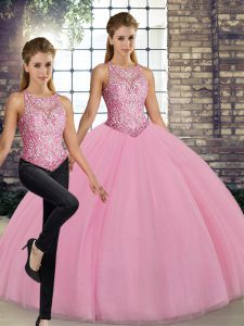 Sleeveless Floor Length Embroidery Lace Up Sweet 16 Quinceanera Dress with Pink