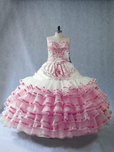 Designer Embroidery and Ruffled Layers and Bowknot Sweet 16 Dress Pink And White Lace Up Sleeveless Floor Length