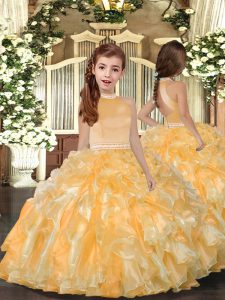 Gold Sleeveless Organza Backless Little Girls Pageant Dress Wholesale for Prom and Sweet 16 and Wedding Party