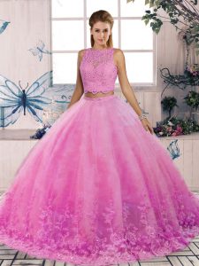 Trendy Rose Pink Tulle Backless Scalloped Sleeveless Vestidos de Quinceanera Sweep Train Lace