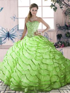 Free and Easy Yellow Green Sweetheart Lace Up Ruffled Layers Quince Ball Gowns Brush Train Sleeveless