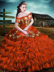 Colorful Floor Length Lace Up Quinceanera Dress Rust Red for Sweet 16 and Quinceanera with Embroidery and Ruffles