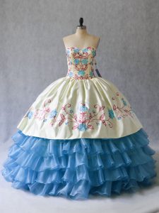 Unique Satin and Organza Sleeveless Floor Length Quinceanera Gowns and Embroidery and Ruffled Layers