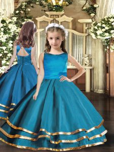 Hot Sale Floor Length Ball Gowns Sleeveless Teal Girls Pageant Dresses Lace Up