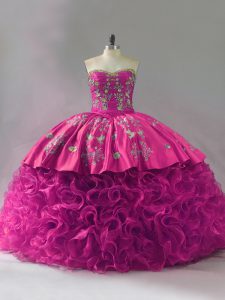 Charming Fuchsia Fabric With Rolling Flowers Lace Up Quince Ball Gowns Sleeveless Floor Length Embroidery and Ruffles