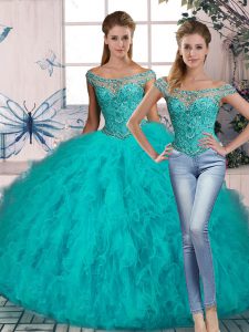 Tulle Sleeveless 15 Quinceanera Dress Brush Train and Beading and Ruffles