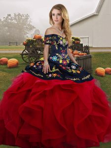 Classical Floor Length Red And Black Quinceanera Gown Tulle Sleeveless Embroidery and Ruffles