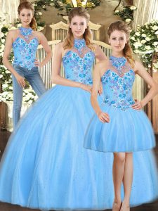 Baby Blue Halter Top Neckline Embroidery 15 Quinceanera Dress Sleeveless Lace Up