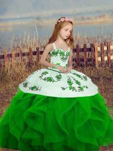 Flare Floor Length Lace Up Pageant Gowns For Girls Green for Party and Sweet 16 and Wedding Party with Embroidery and Ruffles