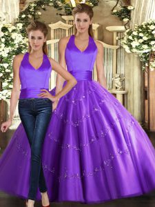 Sleeveless Floor Length Beading Lace Up Sweet 16 Dresses with Purple