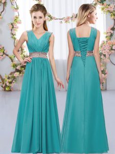Artistic Teal Chiffon Lace Up V-neck Sleeveless Floor Length Court Dresses for Sweet 16 Beading and Belt