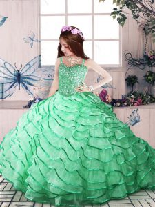 Straps Sleeveless Court Train Lace Up Custom Made Pageant Dress Apple Green Organza