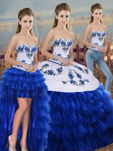 Adorable Floor Length Lace Up Quinceanera Gown Royal Blue for Military Ball and Sweet 16 and Quinceanera with Embroidery and Ruffled Layers and Bowknot