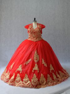 Luxury Red 15th Birthday Dress Sweet 16 and Quinceanera with Beading and Appliques Sweetheart Sleeveless Court Train Lace Up