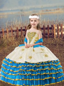 Discount Beading and Embroidery and Ruffled Layers Pageant Dress for Teens Baby Blue Lace Up Sleeveless Floor Length