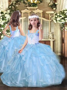 Organza Straps Sleeveless Lace Up Beading and Ruffles Little Girl Pageant Gowns in Baby Blue