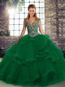 Pretty Sleeveless Floor Length Beading and Ruffles Lace Up 15th Birthday Dress with Green