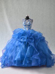 Blue Lace Up Scoop Beading and Ruffles Quinceanera Gown Organza Sleeveless