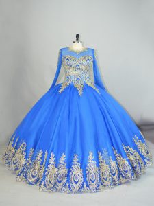 Blue Tulle Lace Up High-neck Long Sleeves Floor Length Quinceanera Dress Beading and Appliques