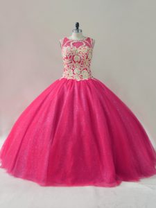 Scoop Sleeveless Quinceanera Dress Floor Length Appliques Hot Pink Tulle