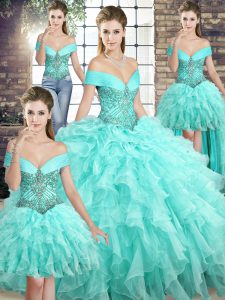 Aqua Blue Off The Shoulder Lace Up Beading and Ruffles Sweet 16 Quinceanera Dress Brush Train Sleeveless