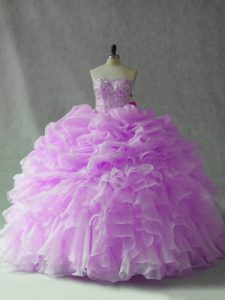Strapless Sleeveless Brush Train Lace Up 15th Birthday Dress Lilac Organza