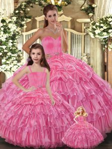 Latest Sleeveless Organza Floor Length Lace Up Quince Ball Gowns in Rose Pink with Ruffled Layers