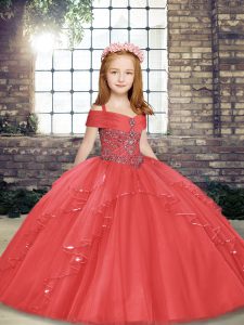 Ball Gowns Pageant Gowns For Girls Coral Red Straps Tulle Sleeveless Floor Length Lace Up