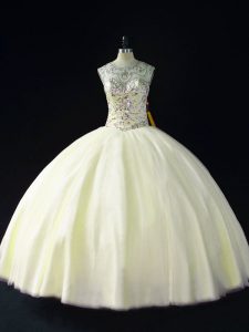 Cheap Sleeveless Tulle Floor Length Lace Up Quinceanera Gown in Light Yellow with Beading