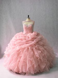Pink Sweet 16 Dresses Scoop Sleeveless Brush Train Lace Up