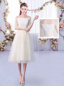 New Style Tulle Off The Shoulder Half Sleeves Lace Up Lace Vestidos de Damas in Champagne
