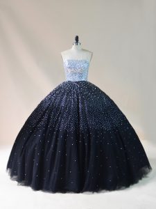 Inexpensive Strapless Sleeveless Lace Up Quinceanera Dresses Black Tulle