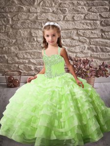 Dramatic Organza Sleeveless Little Girl Pageant Gowns Brush Train and Beading and Ruffled Layers