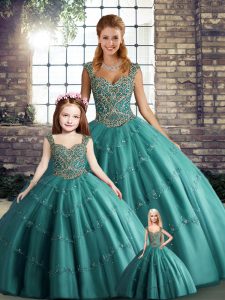 Teal Straps Neckline Beading and Appliques Quince Ball Gowns Sleeveless Lace Up