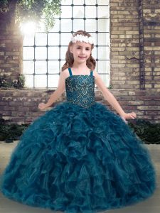 Straps Sleeveless Little Girl Pageant Dress Floor Length Beading and Ruffles Teal Organza