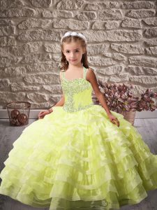New Style Organza Straps Sleeveless Brush Train Lace Up Beading and Ruffled Layers Custom Made Pageant Dress in Yellow Green