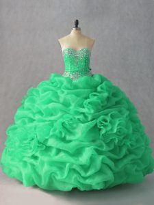 Sweetheart Sleeveless Sweet 16 Dress Floor Length Beading and Pick Ups and Hand Made Flower Green Organza
