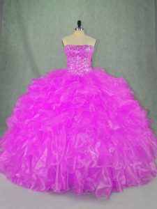 Clearance Lilac Ball Gowns Strapless Sleeveless Organza Floor Length Lace Up Beading and Ruffles Ball Gown Prom Dress