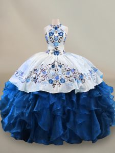 Blue And White Ball Gowns Halter Top Sleeveless Organza Floor Length Lace Up Embroidery and Ruffles Ball Gown Prom Dress