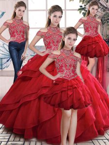 Deluxe Red Quinceanera Dress Sweet 16 and Quinceanera with Beading and Ruffles High-neck Sleeveless Lace Up