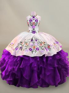 Customized High-neck Sleeveless Lace Up Sweet 16 Quinceanera Dress White And Purple Organza
