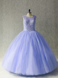 Tulle Scoop Sleeveless Lace Up Beading Quinceanera Dress in Lavender