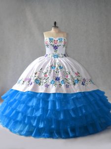Dazzling Sleeveless Organza Floor Length Lace Up 15th Birthday Dress in Blue And White with Embroidery and Ruffled Layers