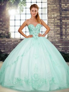Sumptuous Sleeveless Floor Length Beading and Embroidery Lace Up Vestidos de Quinceanera with Apple Green