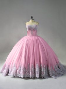 Fashion Pink Sweet 16 Dress Tulle Court Train Sleeveless Beading and Appliques