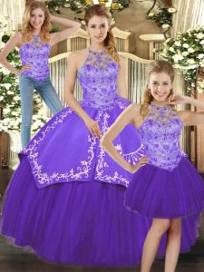 Deluxe Halter Top Sleeveless Sweet 16 Dress Floor Length Beading and Embroidery Purple Satin and Tulle