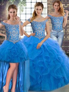 Artistic Sleeveless Beading and Ruffles Lace Up Sweet 16 Quinceanera Dress with Blue Brush Train
